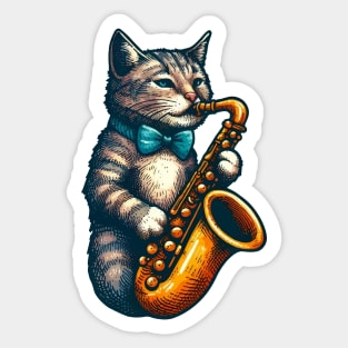 tabby cat playing saxophone Sticker